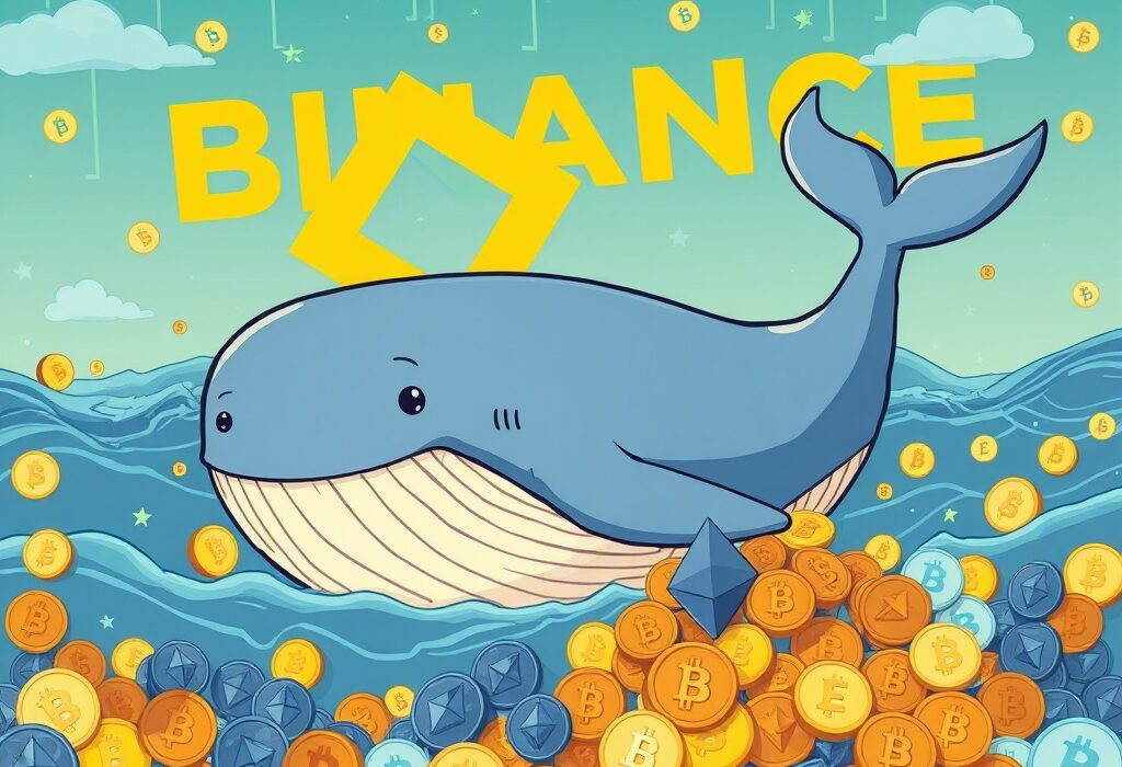 A large, cartoon ETH whale deposit to a cryptocurrency exchange, illustrating a significant transfer of digital assets.