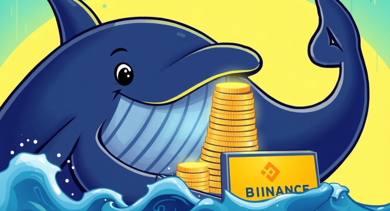 A cartoon whale making a large ETH whale deposit to a cryptocurrency exchange, symbolizing potential market impact.