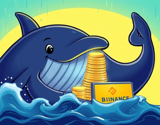 A large, cartoon ETH whale deposit to a cryptocurrency exchange, illustrating a significant transfer of digital assets.