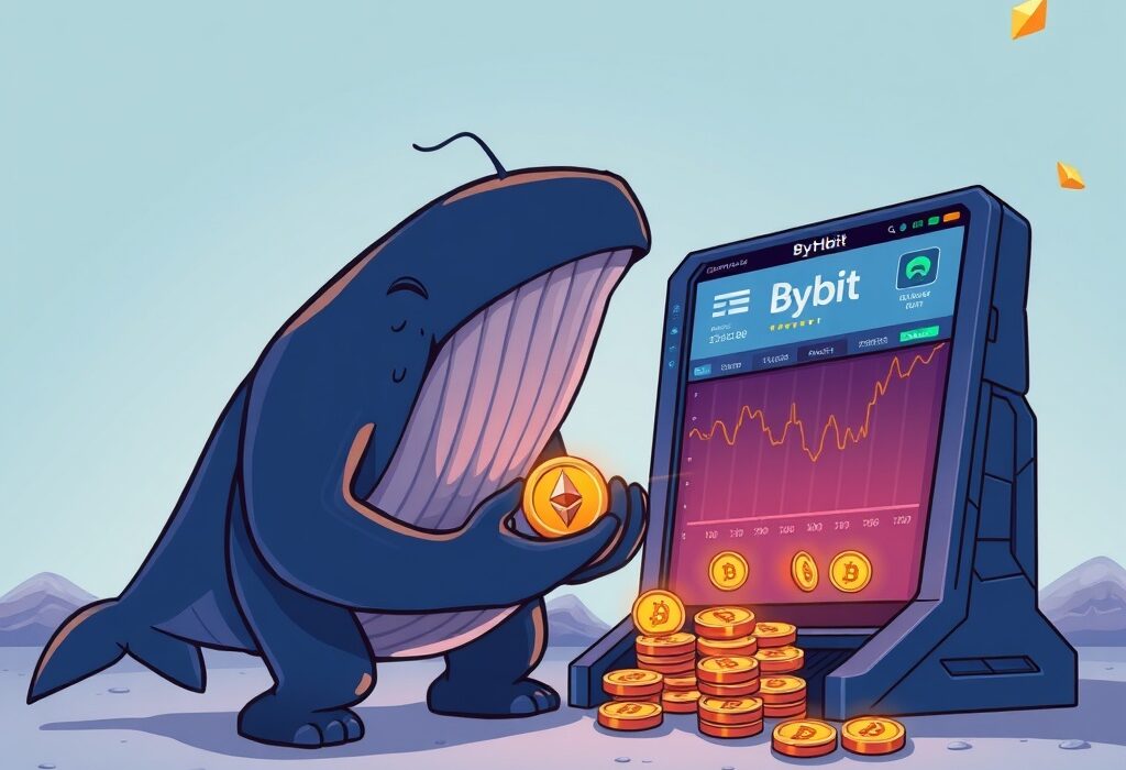 Cartoon illustration of a crypto whale making a significant ETH whale deposit to Bybit, symbolizing potential market movements.