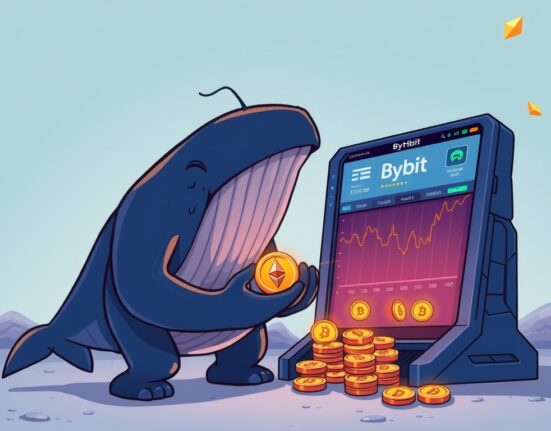 Cartoon illustration of a crypto whale making a significant ETH whale deposit to Bybit, symbolizing potential market movements.