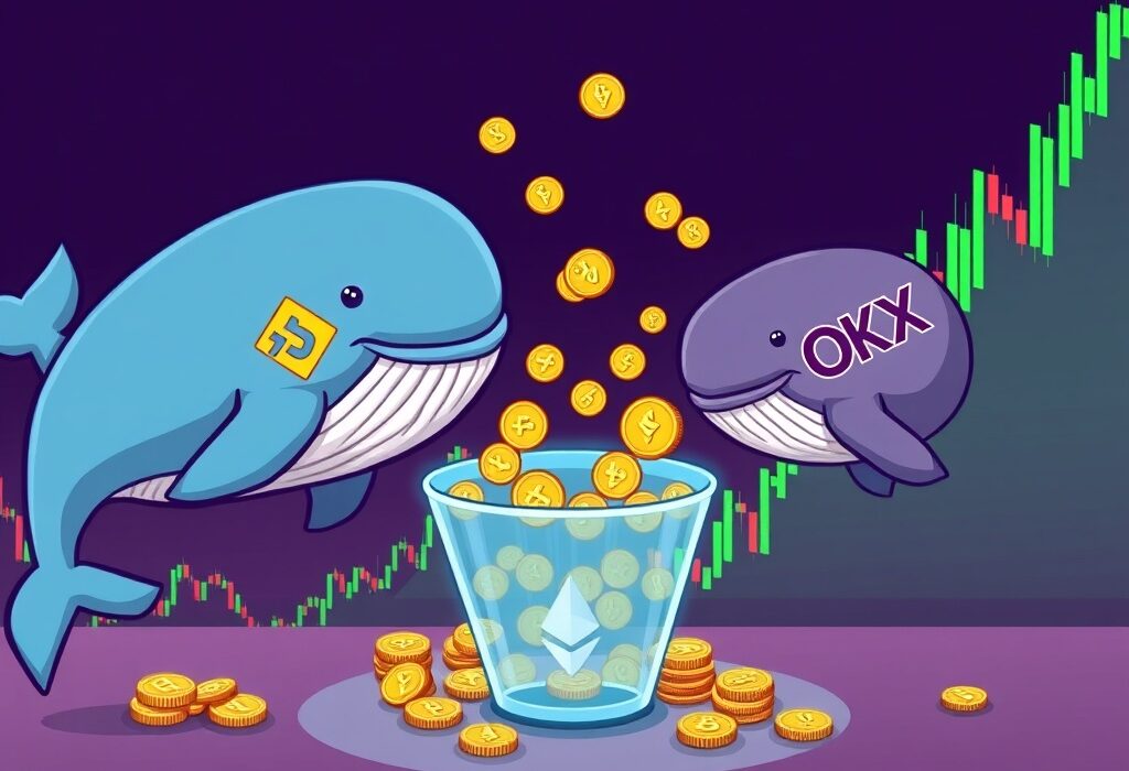 Cartoon whales making significant ETH whale deposits into crypto exchanges, signaling potential market shifts.