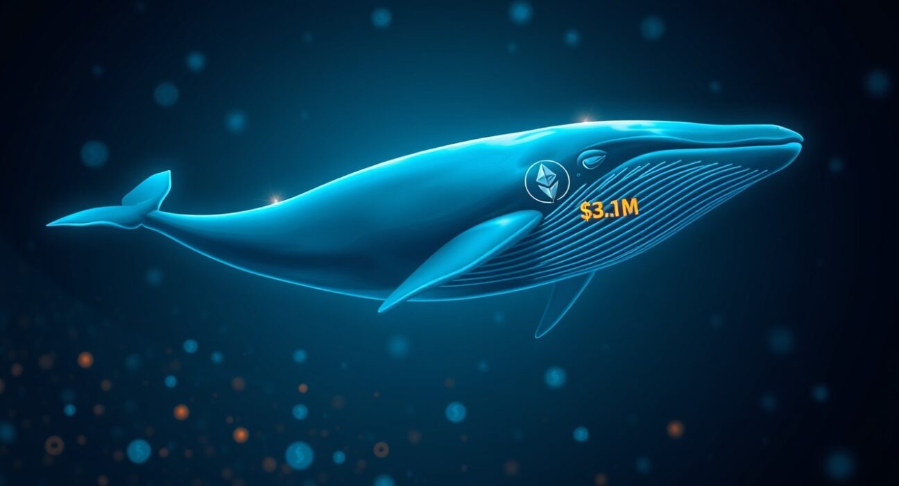 ETH whale trade on Hyperliquid nets $3.1 million unrealized profit, showing a whale in digital ocean with Ethereum symbols