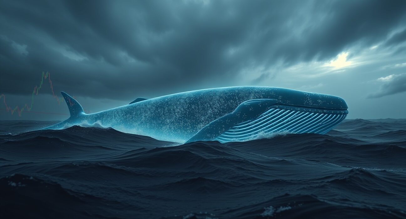 A digital whale swimming in a stormy sea, symbolizing a large cryptocurrency liquidation event.