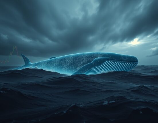 A digital whale swimming in a stormy sea, symbolizing a large cryptocurrency liquidation event.