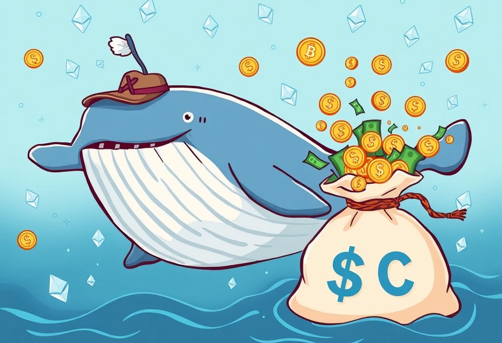 A cartoon illustration of a happy whale with money, symbolizing a significant ETH whale profit from a successful crypto trade.