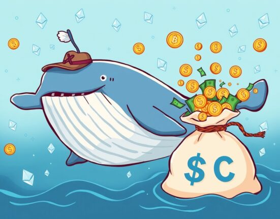 A cartoon illustration of a happy whale with money, symbolizing a significant ETH whale profit from a successful crypto trade.