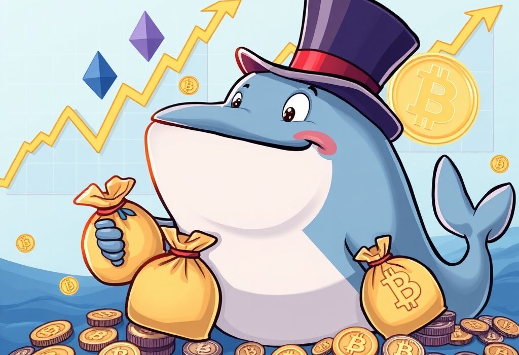 Cartoon whale strategically secures a massive ETH whale profit by trading Bitcoin for Ethereum, demonstrating smart crypto moves.