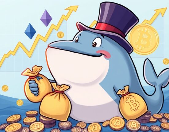 Cartoon whale strategically secures a massive ETH whale profit by trading Bitcoin for Ethereum, demonstrating smart crypto moves.