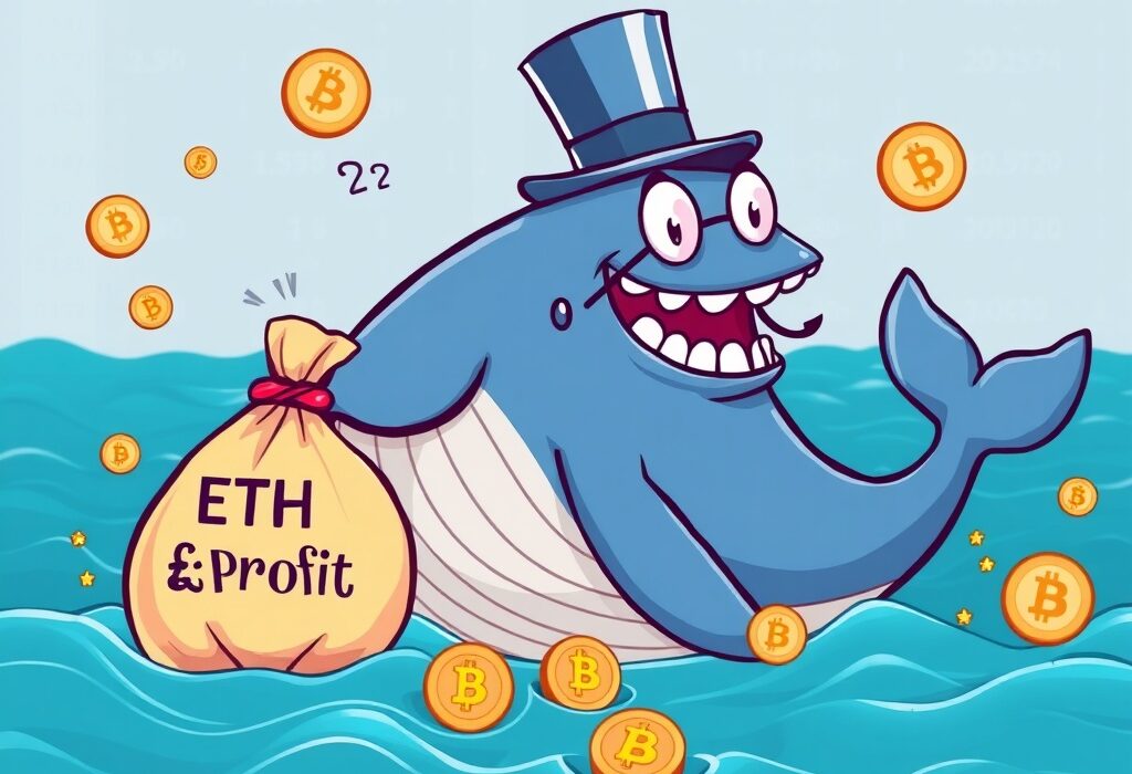 Cartoon illustration of an ETH whale celebrating a significant profit, symbolizing the massive gain from a large ETH transaction.