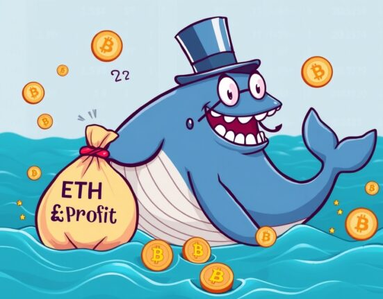 Cartoon illustration of an ETH whale celebrating a significant profit, symbolizing the massive gain from a large ETH transaction.