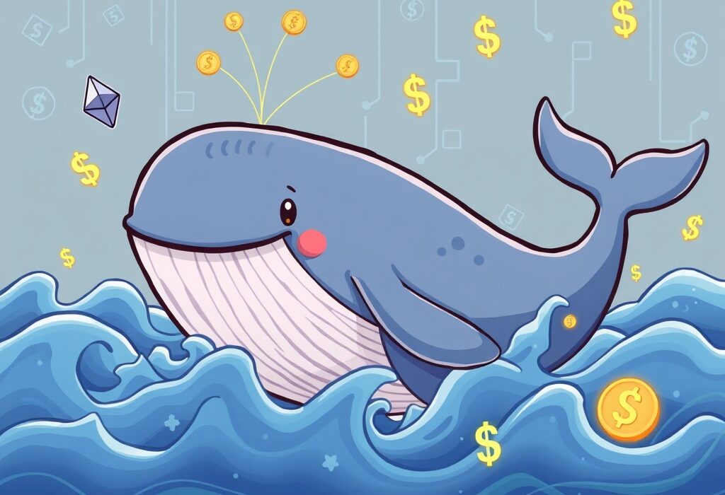 Cartoon illustration of a whale executing a significant ETH whale repurchase, symbolizing large crypto market movements.