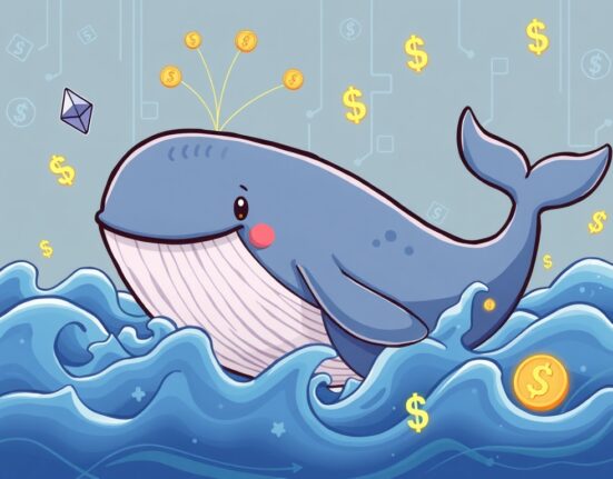Cartoon illustration of a whale executing a significant ETH whale repurchase, symbolizing large crypto market movements.