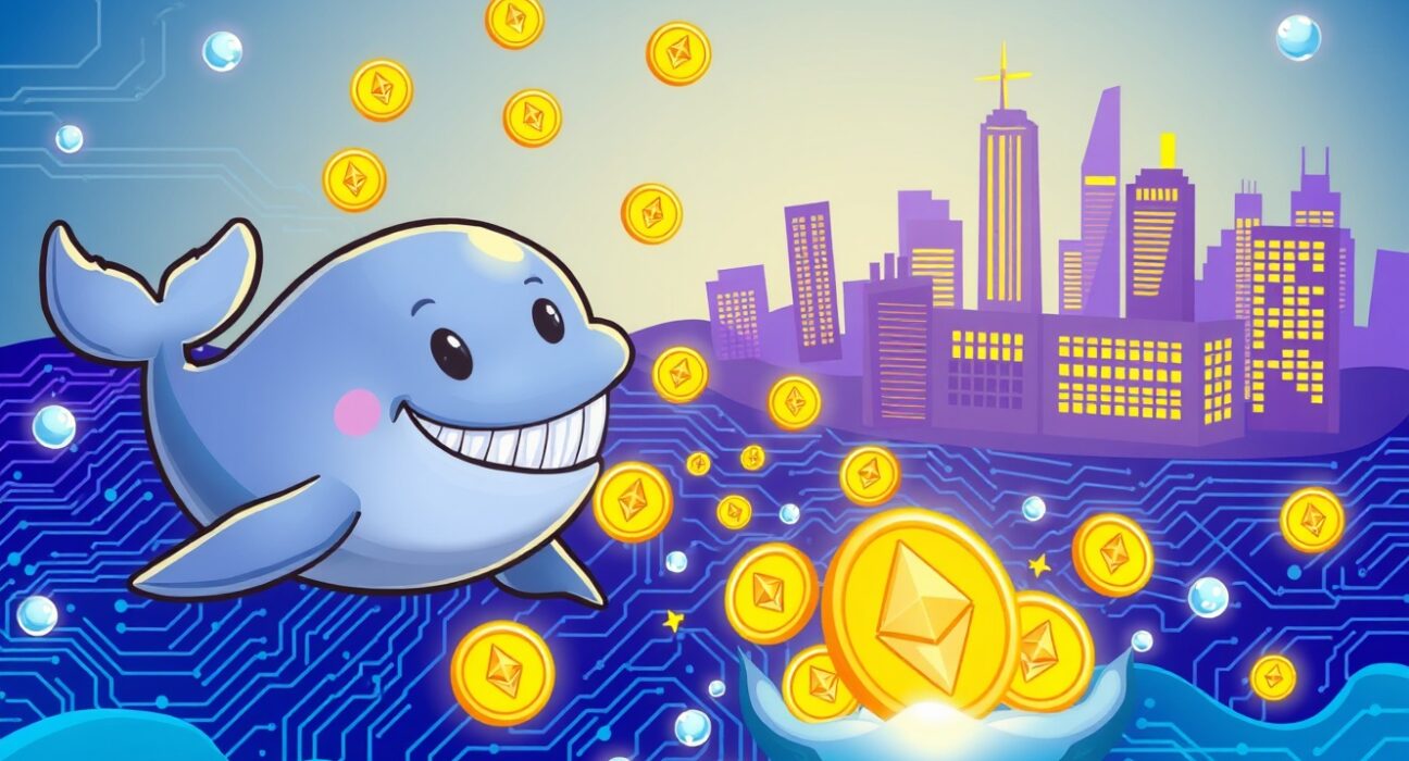 A cartoon ETH whale releasing a fortune in Ethereum coins towards a digital exchange.