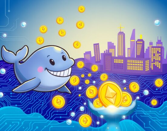 A cartoon ETH whale releasing a fortune in Ethereum coins towards a digital exchange.