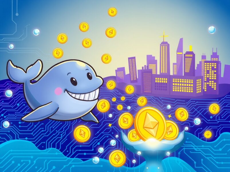 A cartoon ETH whale releasing a fortune in Ethereum coins towards a digital exchange.
