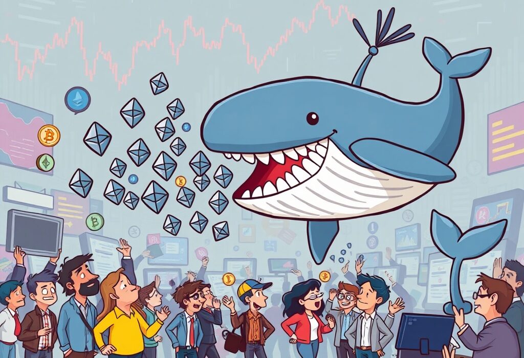 A cartoon whale selling Ethereum coins, illustrating how an ETH whale sells a large amount of crypto and impacts the market.