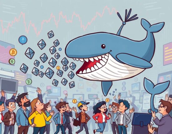 A cartoon whale selling Ethereum coins, illustrating how an ETH whale sells a large amount of crypto and impacts the market.