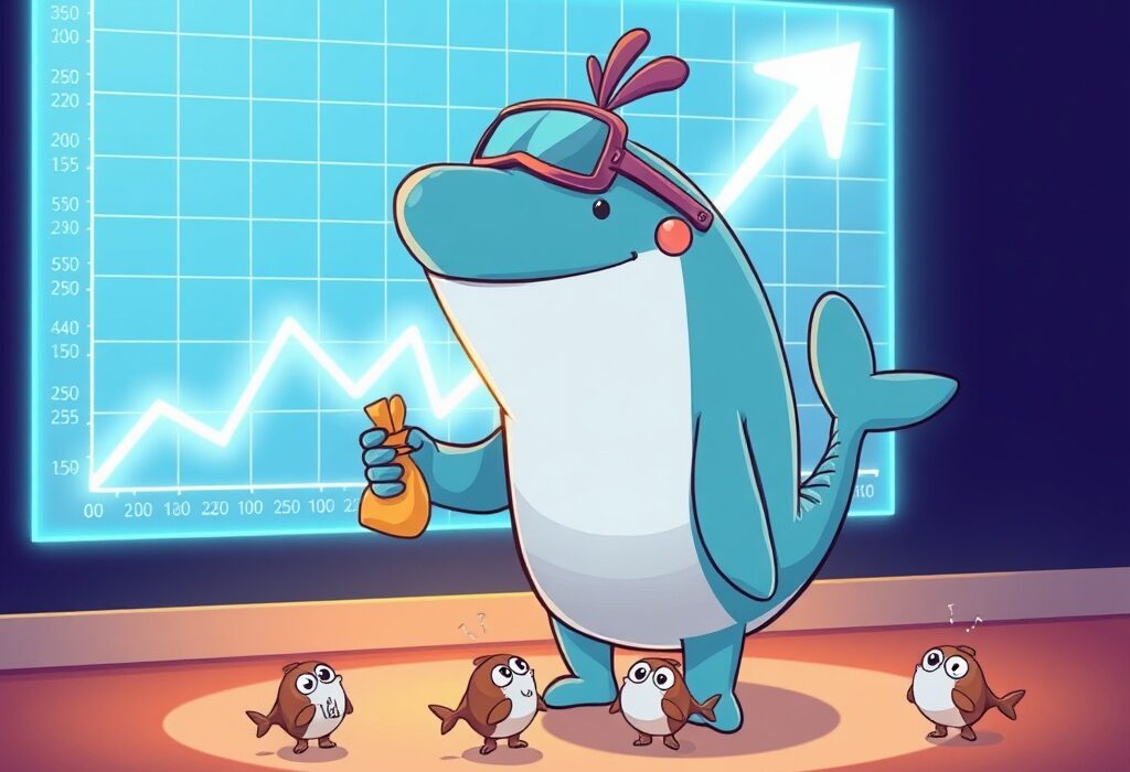 Cartoon illustration depicting an ETH whale making a strategic re-entry into the Ethereum market after a significant sell-off, signaling potential market recovery.