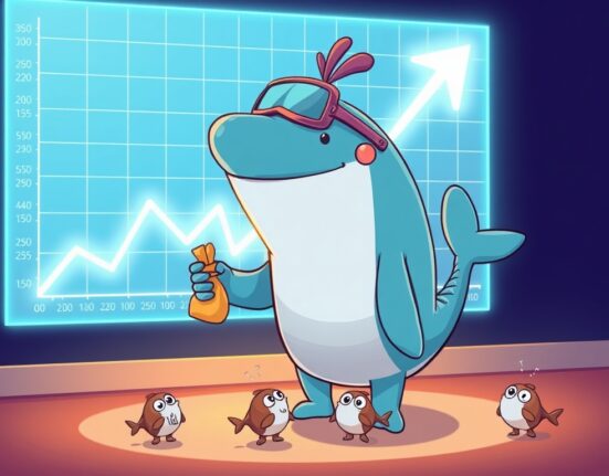 Cartoon illustration depicting an ETH whale making a strategic re-entry into the Ethereum market after a significant sell-off, signaling potential market recovery.
