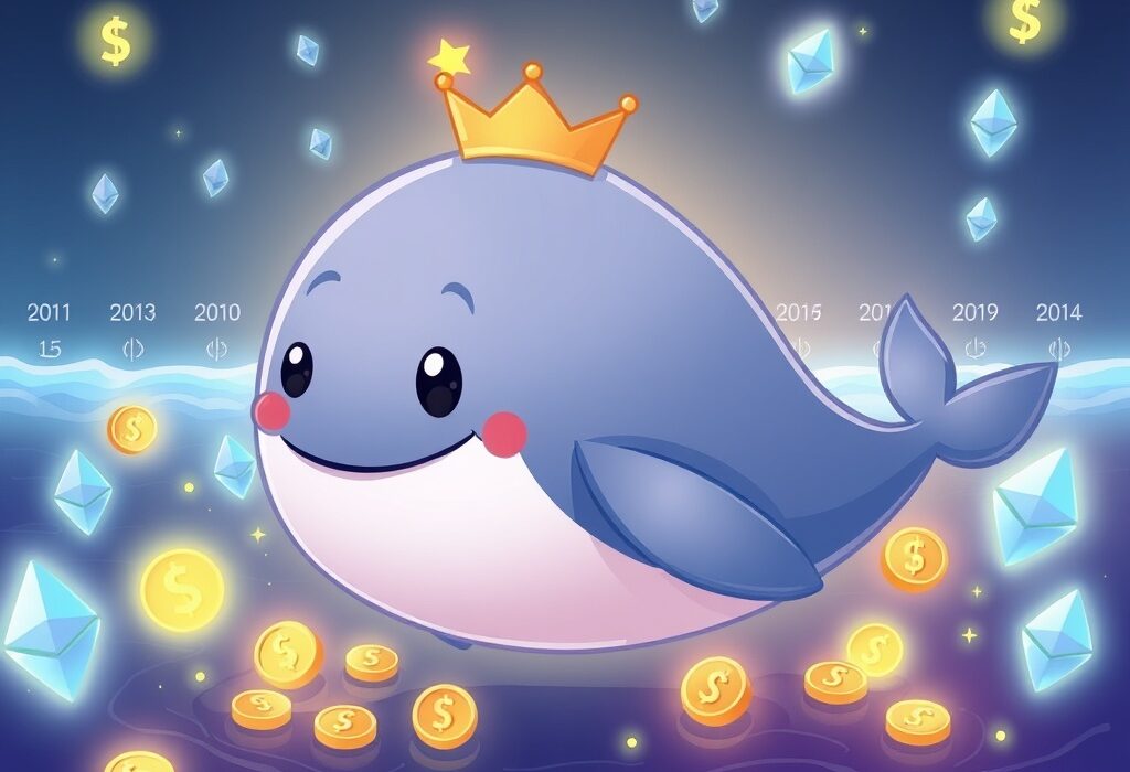 A cartoon ETH whale character joyfully celebrating massive unrealized profits after a long dormancy period, symbolizing a successful long-term crypto investment.