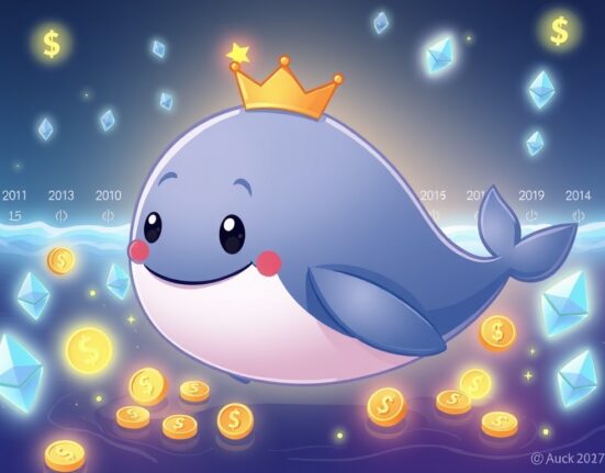 A cartoon ETH whale character joyfully celebrating massive unrealized profits after a long dormancy period, symbolizing a successful long-term crypto investment.