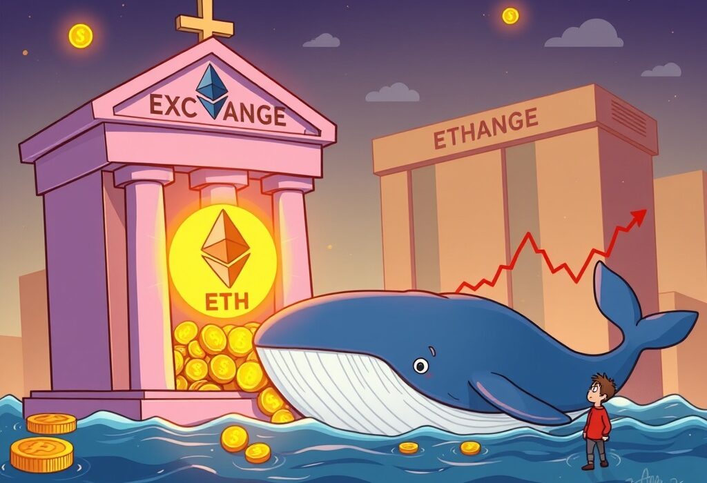 A cartoon illustration depicting significant ETH whale transfers to exchanges, symbolizing large cryptocurrency movements during a market downturn.