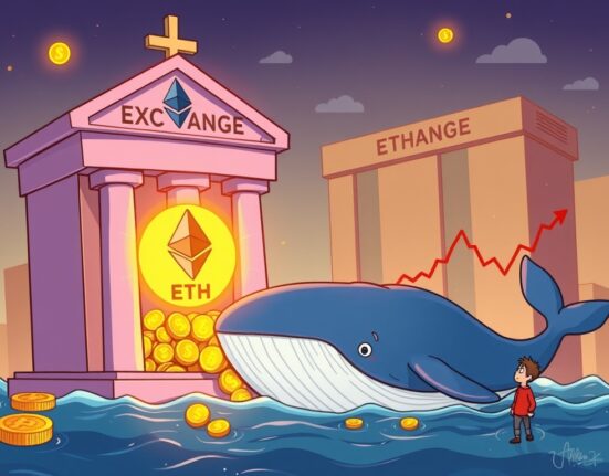 A cartoon illustration depicting significant ETH whale transfers to exchanges, symbolizing large cryptocurrency movements during a market downturn.