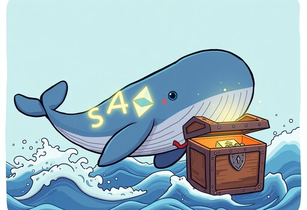 A cartoon whale, representing an ETH whale withdrawal, swims with $28.1M in Ethereum away from an exchange, signifying long-term holding.