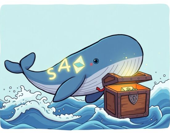 A cartoon whale, representing an ETH whale withdrawal, swims with $28.1M in Ethereum away from an exchange, signifying long-term holding.