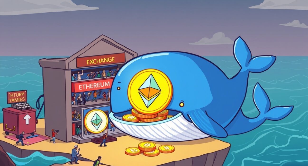 A cartoon whale moving significant ETH whale withdrawals from an exchange, illustrating a crucial shift in crypto holdings.