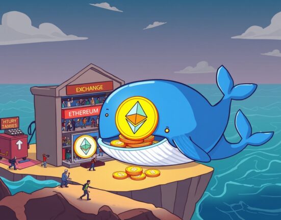 A cartoon whale moving significant ETH whale withdrawals from an exchange, illustrating a crucial shift in crypto holdings.