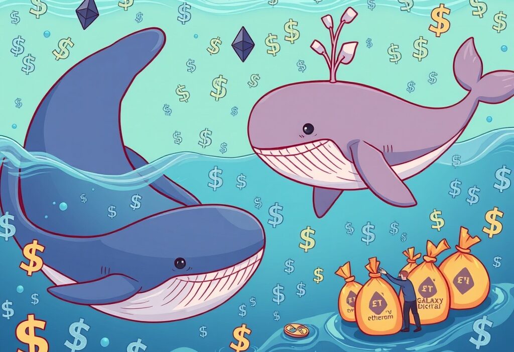 Cartoon illustration of ETH whales accumulating large sums of Ethereum, symbolizing significant institutional crypto buying.