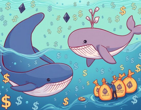 Cartoon illustration of ETH whales accumulating large sums of Ethereum, symbolizing significant institutional crypto buying.
