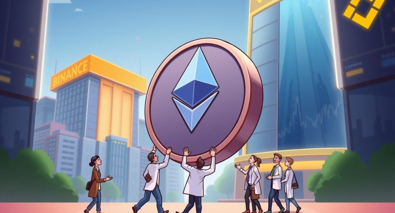 Cartoon illustrating a significant ETH withdrawal from a crypto exchange by institutional researchers.