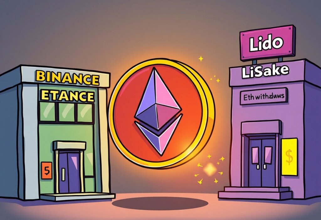 A cartoon image illustrating a significant ETH withdrawal moving from Binance to Lido for staking, highlighting the flow of Ethereum funds.