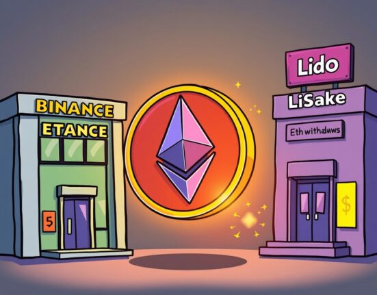 A cartoon image illustrating a significant ETH withdrawal moving from Binance to Lido for staking, highlighting the flow of Ethereum funds.