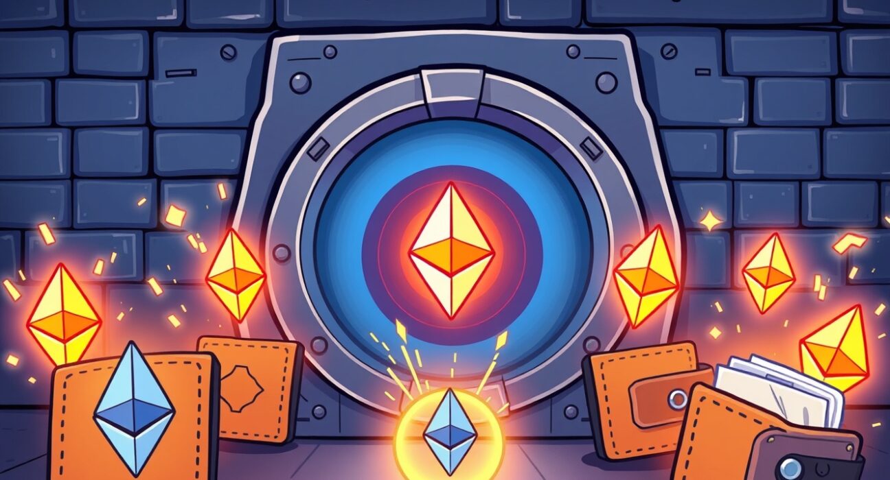 A cartoon illustration showing a large volume of Ethereum moving from a central institutional platform to multiple digital wallets, representing significant ETH withdrawals.