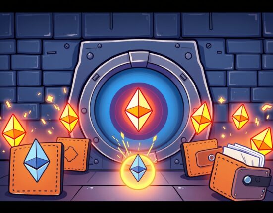 A cartoon illustration showing a large volume of Ethereum moving from a central institutional platform to multiple digital wallets, representing significant ETH withdrawals.