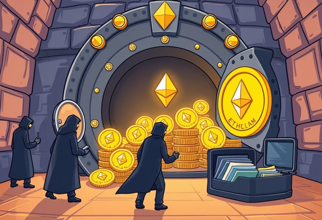 Cartoon illustration depicting massive ETH withdrawals from a crypto exchange, signifying a shift to personal holdings.