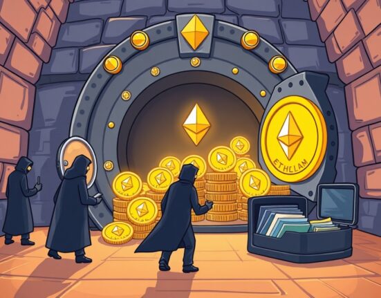 Cartoon illustration depicting massive ETH withdrawals from a crypto exchange, signifying a shift to personal holdings.