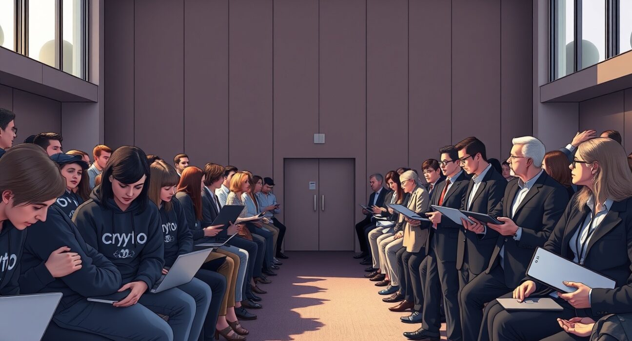 Illustration of the division between crypto community and traditional finance attendees at the ETHCC conference in Cannes.