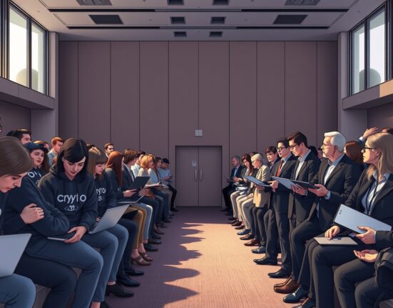 Illustration of the division between crypto community and traditional finance attendees at the ETHCC conference in Cannes.