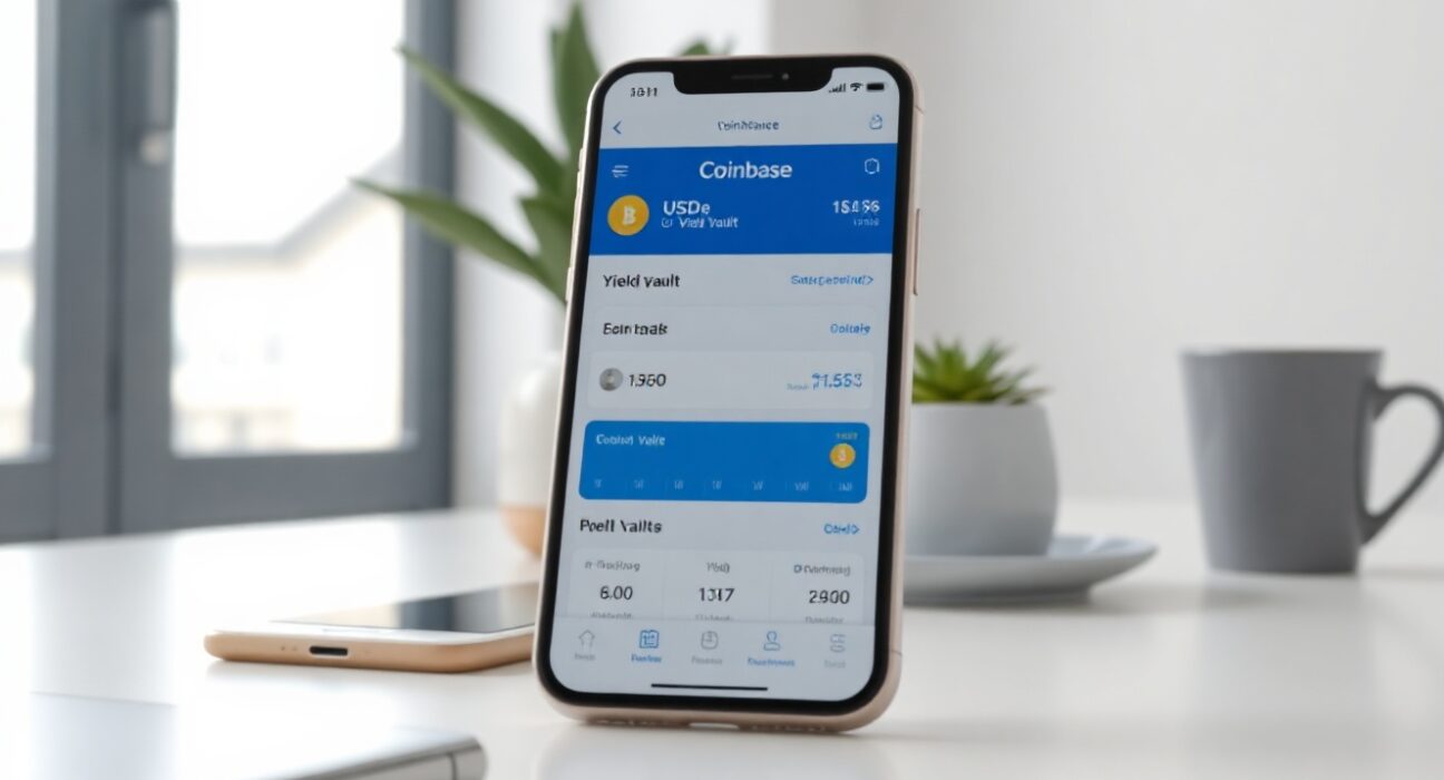 Smartphone displaying Coinbase app with USDe yield vault dashboard on a desk