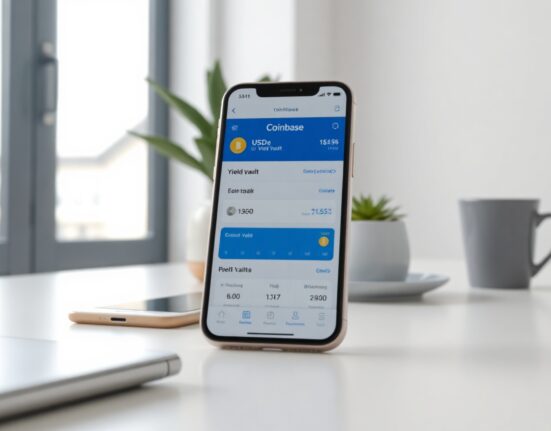 Smartphone displaying Coinbase app with USDe yield vault dashboard on a desk