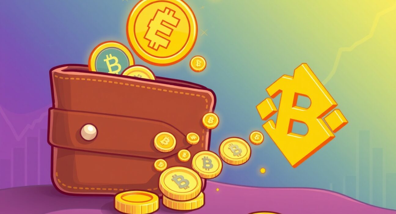 A cartoon wallet icon strategically moving Ethena ENA tokens from a crypto exchange, symbolizing a significant withdrawal.
