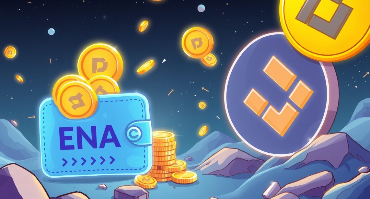 Cartoon illustration depicting a significant Ethena ENA token deposit by a market maker to a major exchange, highlighting market activity and liquidity for Ethena ENA.