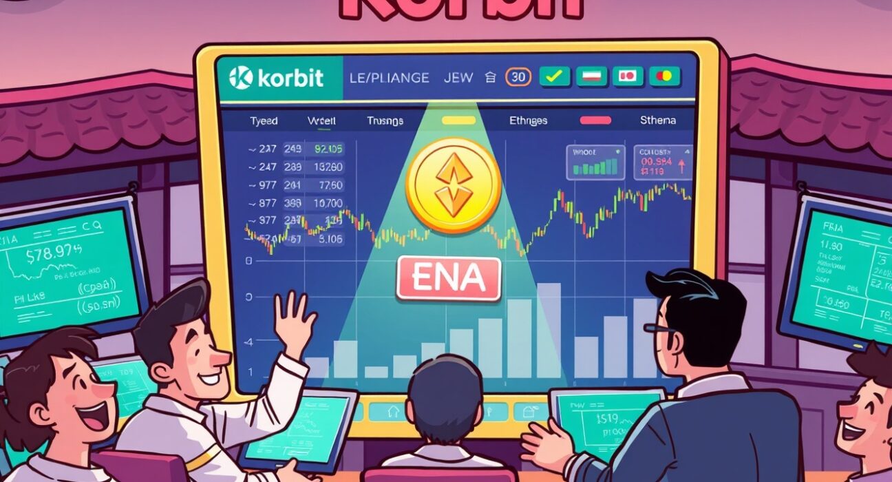 An illustration showing the excitement around the Ethena (ENA) listing on Korbit, symbolizing new trading opportunities for users.
