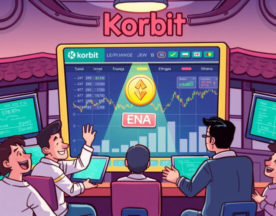 An illustration showing the excitement around the Ethena (ENA) listing on Korbit, symbolizing new trading opportunities for users.