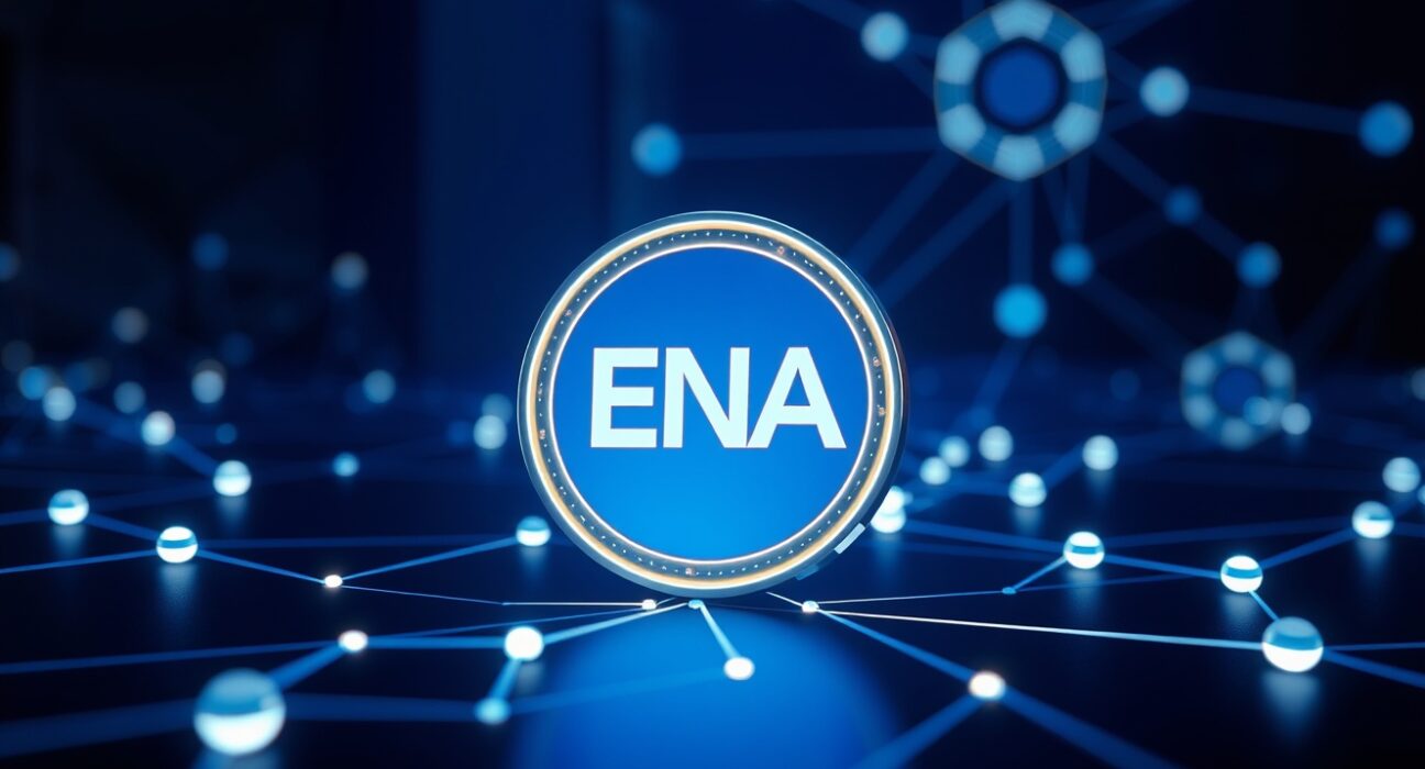 Ethena ENA token being integrated into Solana blockchain network with glowing nodes